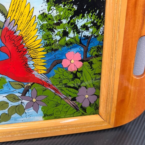 VTG Brazil Wood Glass Serving Tray Hand-Painted Parrot Scene Tropical Iridescent - Picture 5 of 11